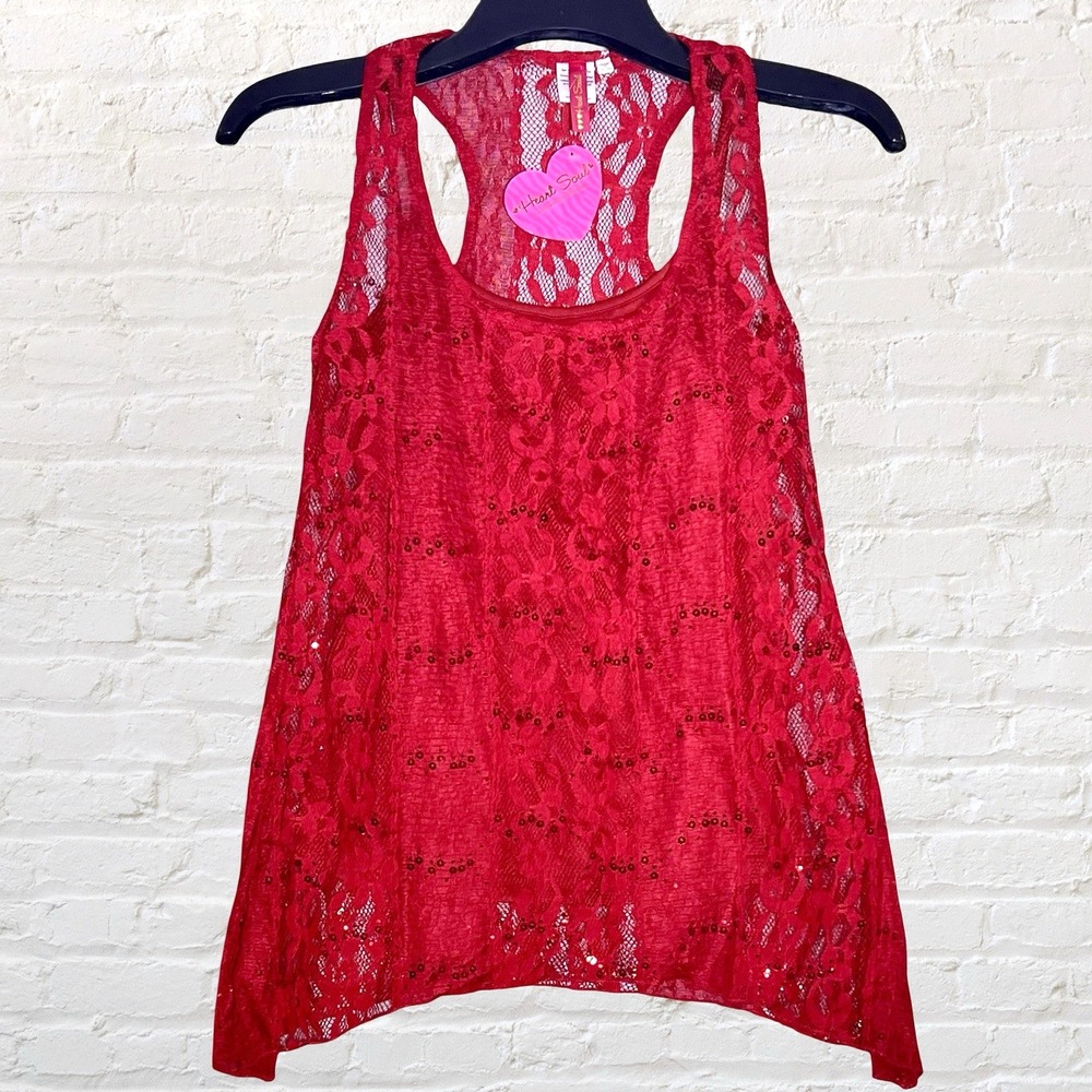 Heart Soul Red Lace Sequins Racerback Tank Top Size M Lined Y2K Floral Fairy NWT